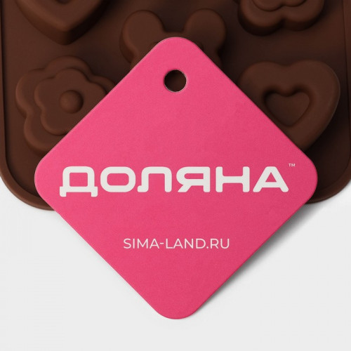 Форма для конфет и шоколада Доляна «Мишка, цветок, сердце», силикон, 19.7×10.5×1.5 см, 14 ячеек, коричневая Доляна