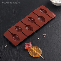 Форма для леденцов Доляна «Пасхальный кролик», силикон, 26×10×1 см, 6 ячеек, с палочками, коричневая