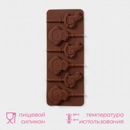 Форма для леденцов Доляна «Детство», силикон, 24×9.5 см, 6 ячеек (5×4.6), с палочками, коричневая