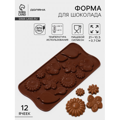 Форма для шоколада Доляна «Цветение», силикон, 21×10.5×0.7 см, 12 ячеек, коричневая Доляна