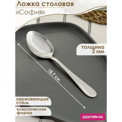 Ложка столовая из нержавеющей стали Доляна «София», длина 18.7 см, толщина 2 мм Доляна