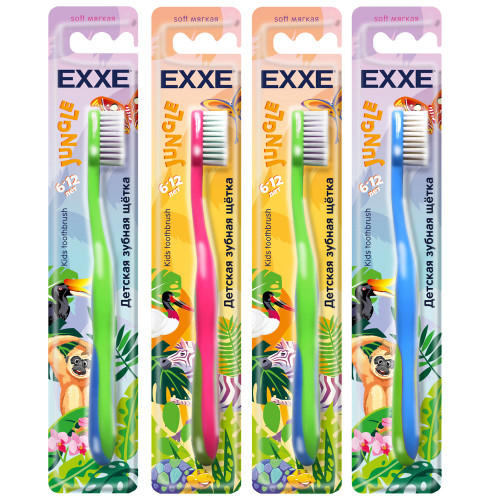 Зубная щетка детская EXXE серия Джунгли, 6-12 лет, мягкая, 1шт EXXE