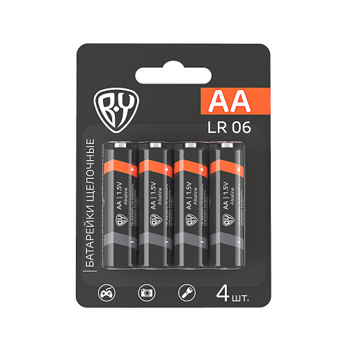 BY Батарейки AA (LR06) 4шт в блистере, щелочные 1.5V, высокой ёмкости BY