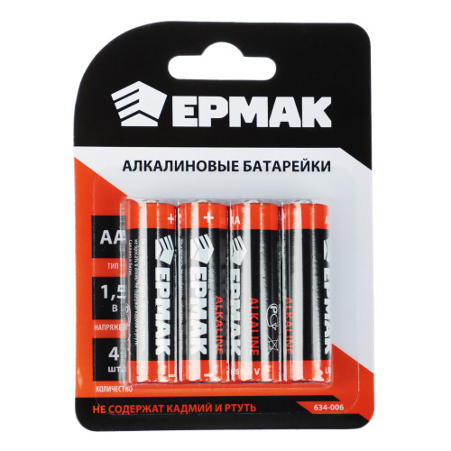 ЕРМАК Батарейки 4шт, тип AA, "Alkaline" щелочная, BL Ермак