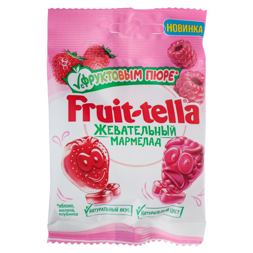 Мармелад жевательный Fruittella с фруктовым пюре и вкусами клубники, малины, 36 г (производитель не указан)