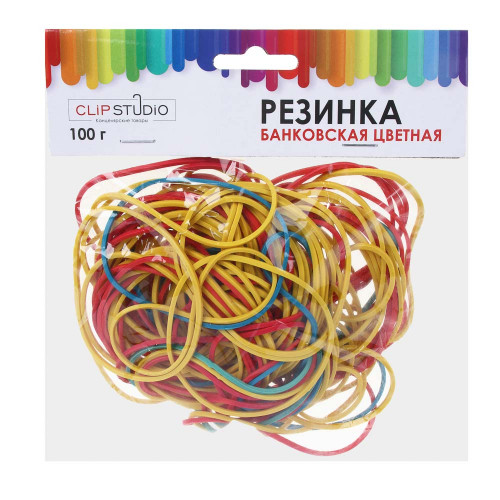 ClipStudio Резинка банковская цветная, диаметр 60мм, набор 100гр, в пакете с подвесом ClipStudio