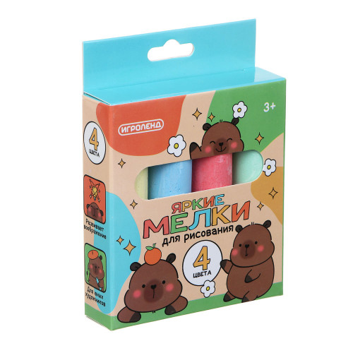ИГРОЛЕНД Мелки для рисования на асфальте, цветные 4 шт, мел, 13х9,5х2,5см ИГРОЛЕНД