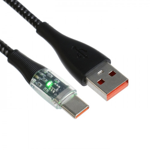 Кабель, 3 А, Type-C  - USB, прозрачный, оплётка нейлон, 1 м, чёрный (производитель не указан)