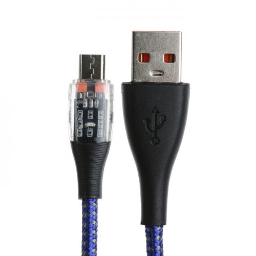 Кабель, 2 А, MicroUSB  - USB, прозрачный, оплётка нейлон, 1 м, синий (производитель не указан)