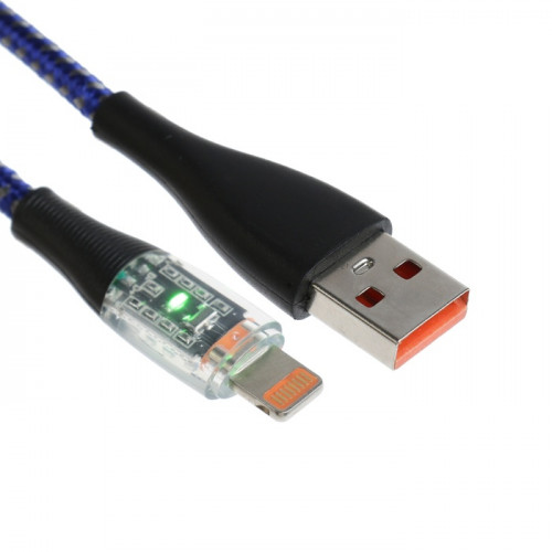 Кабель, 2 А, Lightning  - USB, прозрачный, оплётка нейлон, 1 м, синий (производитель не указан)