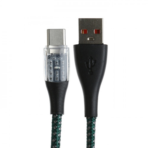 Кабель, 3 А, Type-C  - USB, прозрачный, оплётка нейлон, 1 м, зелёный (производитель не указан)