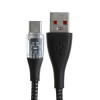 Кабель, 3 А, Type-C  - USB, прозрачный, оплётка нейлон, 1 м, чёрный (производитель не указан)