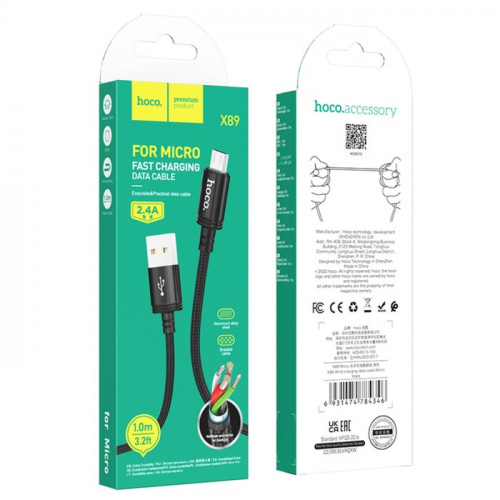 Кабель Hoco X89, Micro USB - USB, 2.4 А, 1 м, плетённая проволока, чёрный Hoco