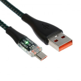 Кабель, 2 А, MicroUSB  - USB, прозрачный, оплётка нейлон, 1 м, зелёный