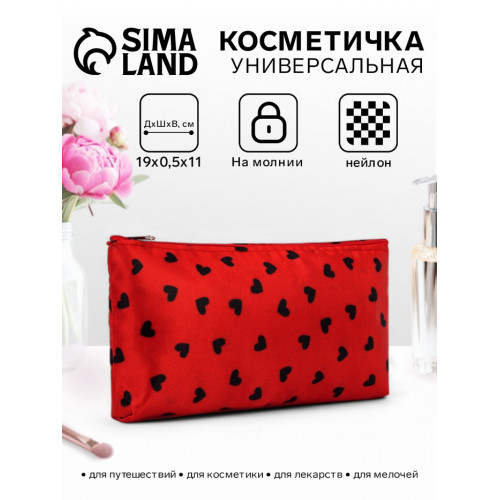 Косметичка-пенал на молнии, плоская, маленькая, с рисунком, красная/чёрная (производитель не указан)