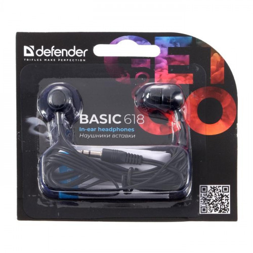 Наушники Defender Basic 618, вакуумные, 95 дБ, 32 Ом, 3.5 мм, 1.1 м, черные Defender