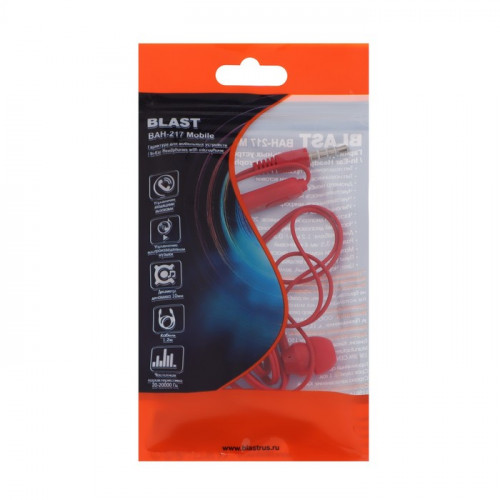 Наушники Blast BAH-217 Mobile, вакуумные, микрофон, 3.5 мм, 1.2 м, красные Blast