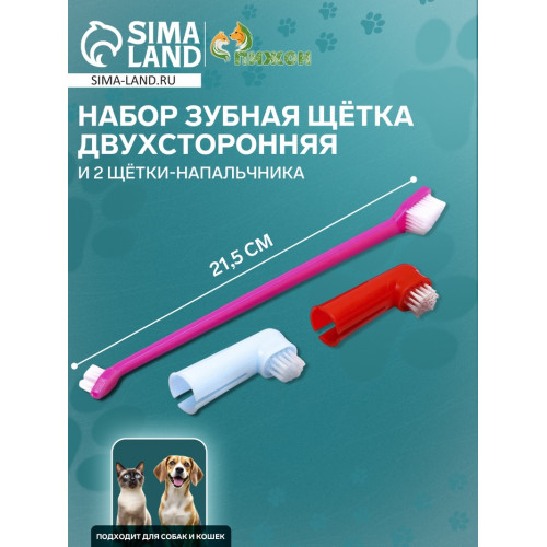 Набор зубная щётка двухсторонняя и 2 щётки-напальчника, микс цветов Пижон