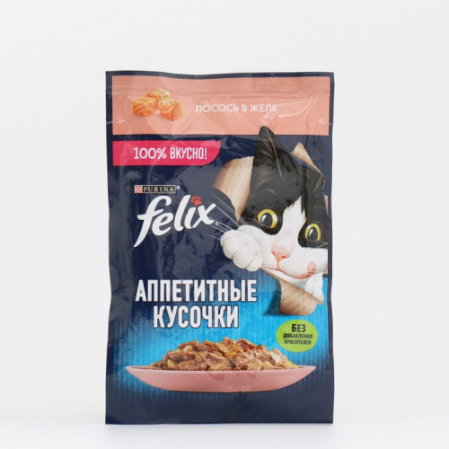 Влажный корм Felix Аппетитные кусочки для кошек, лосось в желе, пауч 75 г FELIX