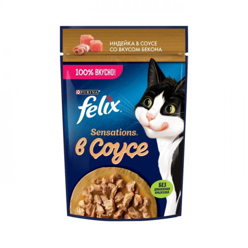 Влажный корм Felix Sensations для кошек индейка/бекон в соусе, 75 г FELIX