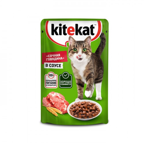 Влажный корм KiteKat для кошек, говядина в соусе, пауч, 85 г Kitekat