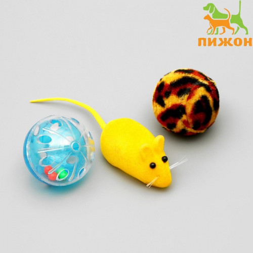 Набор игрушек для кошек: мышь 6 см и 2 шарика, микс цветов Пижон