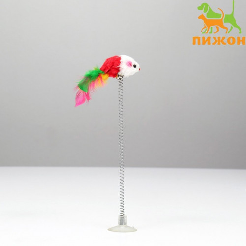 Дразнилка «Мышь на присоске», искусственный мех с цветными перьями,24 см, мышь красная/белая Пижон