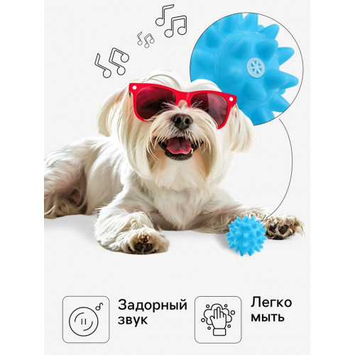 Игрушка пищащая «Мяч с шипами» для собак, 6.5 см, голубая Пижон