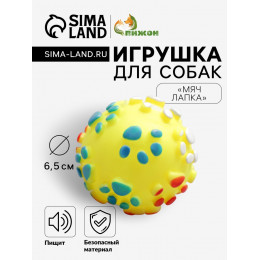 Игрушка пищащая «Мяч Лапка»для собак, 6.5 см, жёлтая